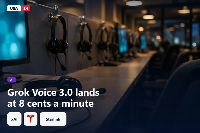 Empty night-shift call center, headsets on hooks, one resting on a desk under a soft blue screen glow.