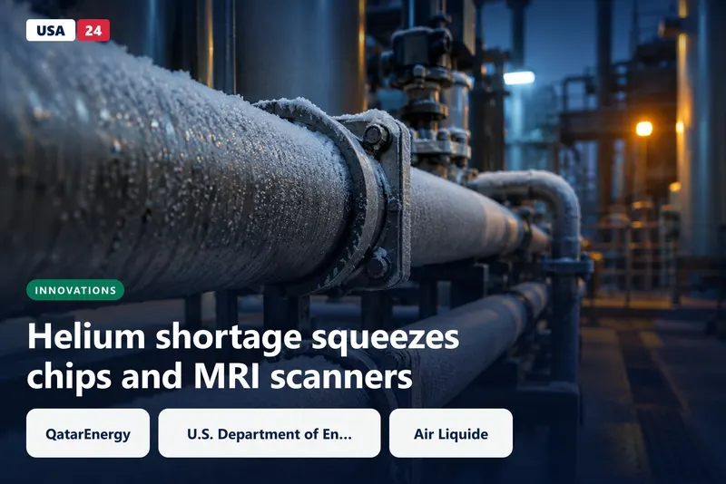 Frosted stainless steel cryogenic pipes in a dim gas facility, with one amber indicator light glowing in the background.