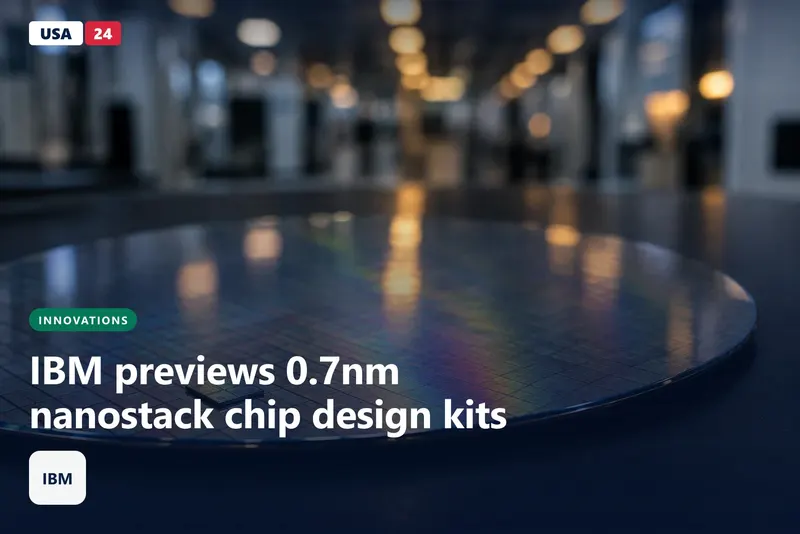 Silicon wafer on a dark bench in a dim cleanroom, a single small chip in sharp focus with rainbow sheen across its surface.