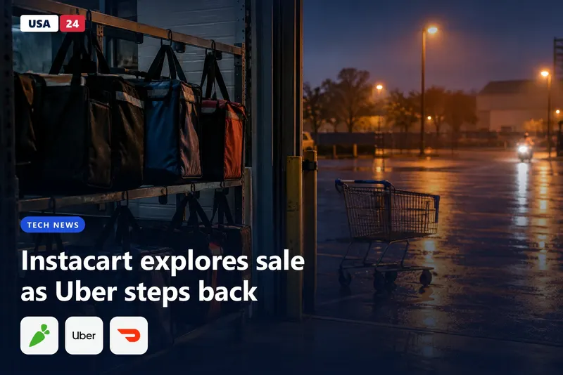 Empty insulated delivery bags hang in a dim loading dock at dusk, with a shopping cart and wet pavement outside.