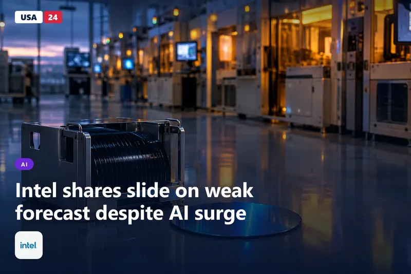 Silicon wafer in a carrier on a clean-room floor, with blurred amber tool bays and glowing monitors behind it at dusk.