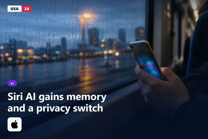 Hand holding a silver smartphone by a rain-streaked train window at dusk, its screen glowing with blurred blue shapes.