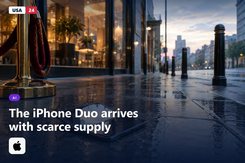 A slim folding phone lies on a wet sidewalk at dawn beside a coiled velvet rope and an empty store entrance.
