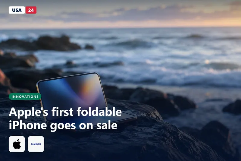 A half-open foldable phone with a glowing inner screen rests on wet black rock at dawn, with surf blurred behind it.