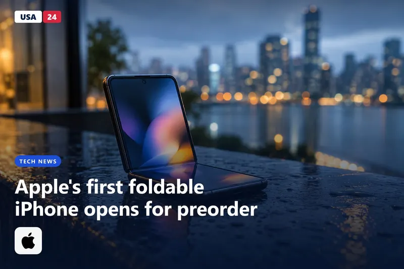 A foldable smartphone half open on wet dark granite at dusk, its inner screen glowing softly in blurred blue light.
