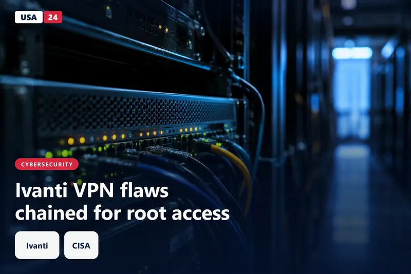 Rack-mounted network appliance with glowing amber status lights in a dim data center aisle, cables fading into darkness.