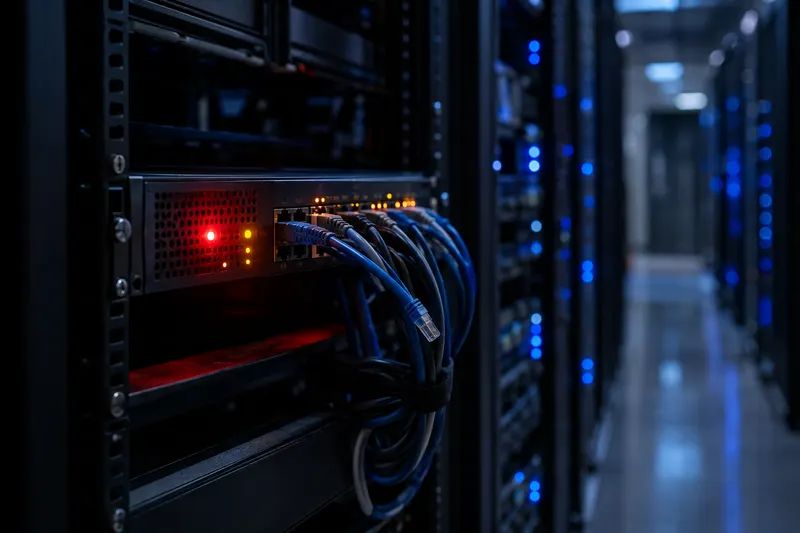 A network gateway appliance in a dark server rack with red and amber warning lights among servers glowing blue