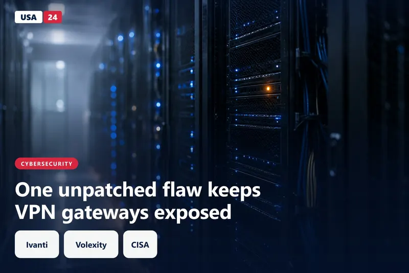 Dim server corridor with rows of black network appliances, one unit glowing amber among blue status lights.