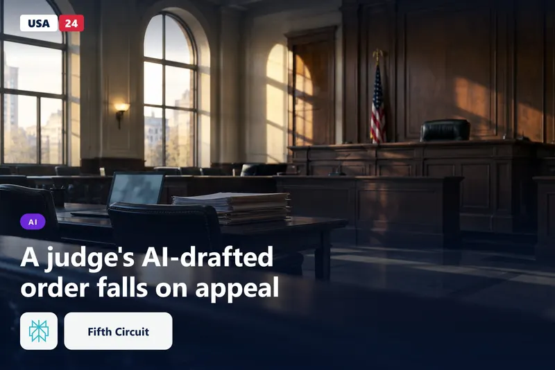 Empty federal courtroom bench with stacked case files and a glowing laptop at the clerk's table.