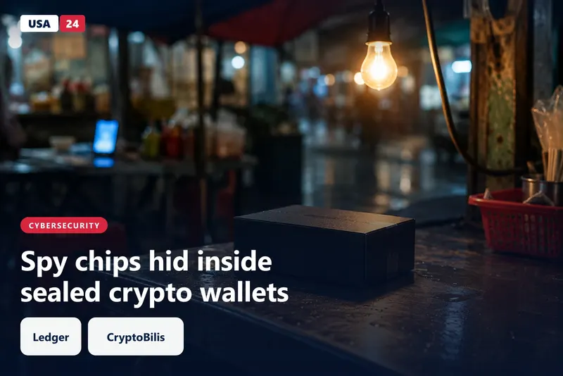 Sealed black hardware wallet box on a wet metal stall at night, lit by a bare bulb, with a blurred phone glow behind it.