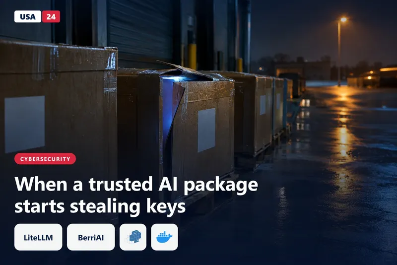 Sealed cardboard crates on a rain-slick loading dock at night, one slit open and glowing faintly blue inside.