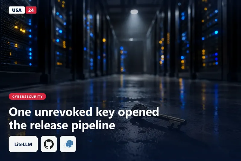 A single brass key lies on a wet concrete floor in a dim data center aisle, with blurred blue server lights behind it.