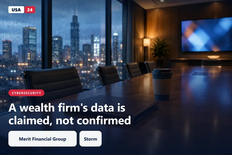 Dim boardroom at dusk with rain on tall windows, a closed leather folder on a long table and a softly glowing screen on the wall.