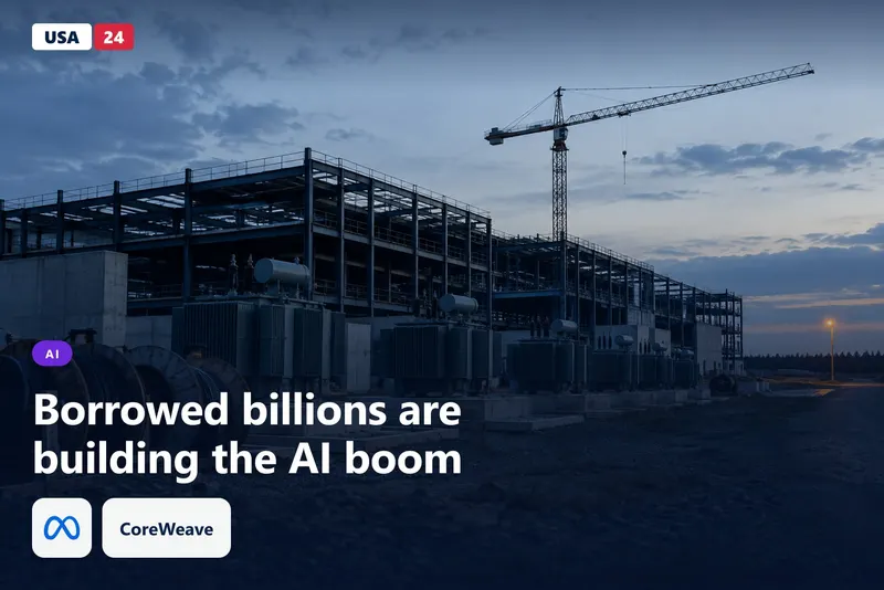 Steel frame of an unfinished data center at dusk, cranes silhouetted against a gray sky over an empty construction site.