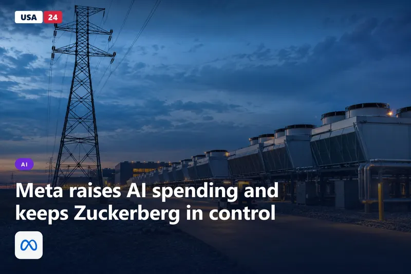 Transmission tower and rows of white cooling fans at a data center campus at blue hour, lit by a faint amber glow.