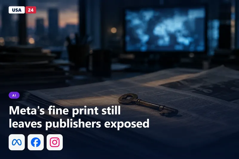 A brass key rests on a stack of blurred newspaper pages in a dim newsroom, with a glowing monitor behind it.