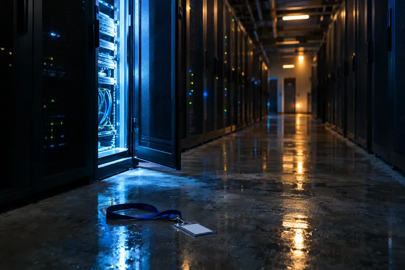 Dim server hall at night, one cabinet door open, blue light spilling onto a wet concrete floor beside a dropped lanyard.