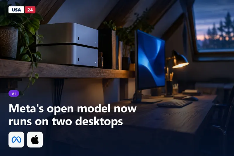 Two stacked aluminum desktop computers on a wooden shelf, linked by cables, under a warm desk lamp in a dim workshop.