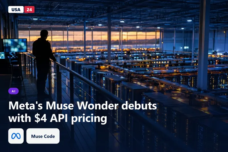 Silhouetted engineer on a catwalk above rows of glowing server racks inside a large data center at dusk.