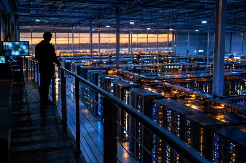 Silhouetted engineer on a catwalk above rows of glowing server racks inside a large data center at dusk.