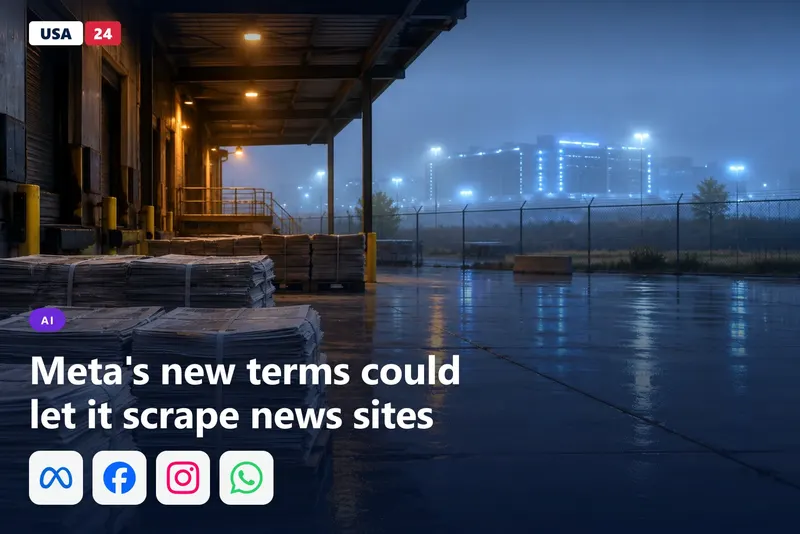 Bundled newspapers on a rain-slick loading dock at dawn, with blue data center light glowing through a chain-link fence.