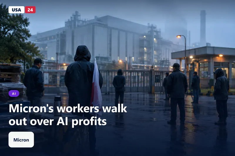 Workers in rain jackets stand at a factory gate at dawn in Taiwan, with wet pavement reflecting warm streetlamps.
