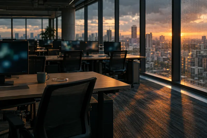 Empty open-plan office floor at dusk, chairs pushed under desks and rain streaking floor-to-ceiling windows