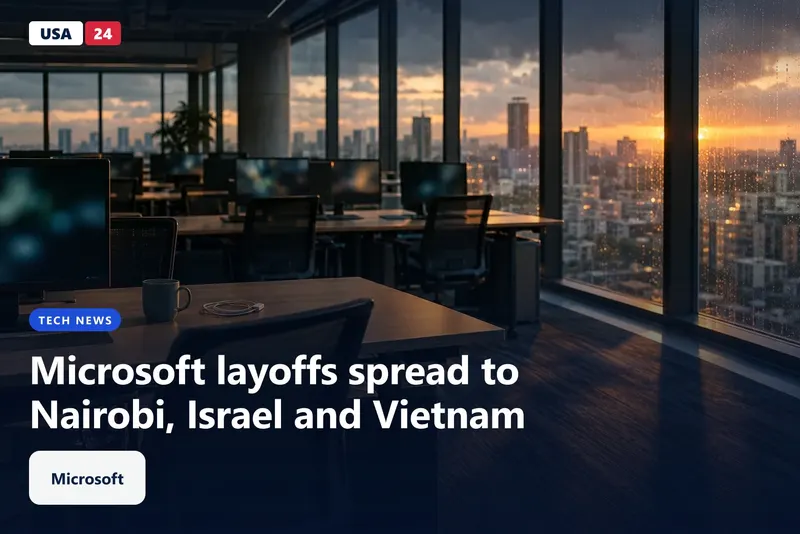 Empty open-plan office floor at dusk, chairs pushed under desks and rain streaking floor-to-ceiling windows