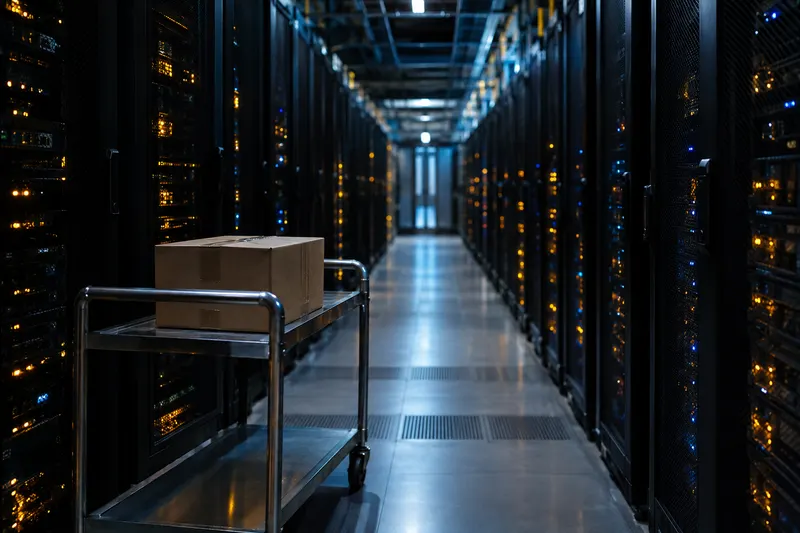 Dim data center aisle at night with rows of server racks showing amber and blue status lights and a cart in the foreground.