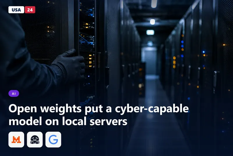 Server racks in a dim data hall, blue indicator lights glowing, a gloved hand resting on an open rack door.