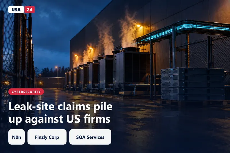 Rain-soaked loading dock beside a windowless data center at dusk, cooling units venting vapor under amber floodlights.