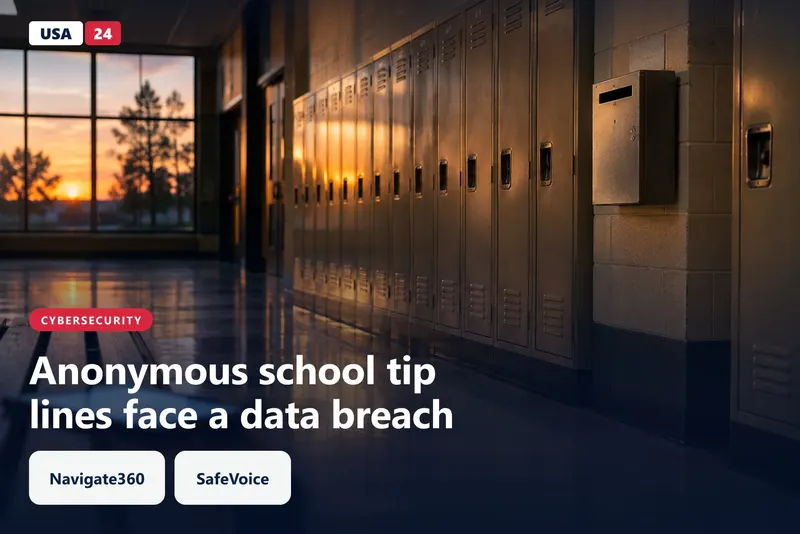 Empty school hallway at dusk with rows of lockers and a wall-mounted report box, lit by amber light from tall windows.