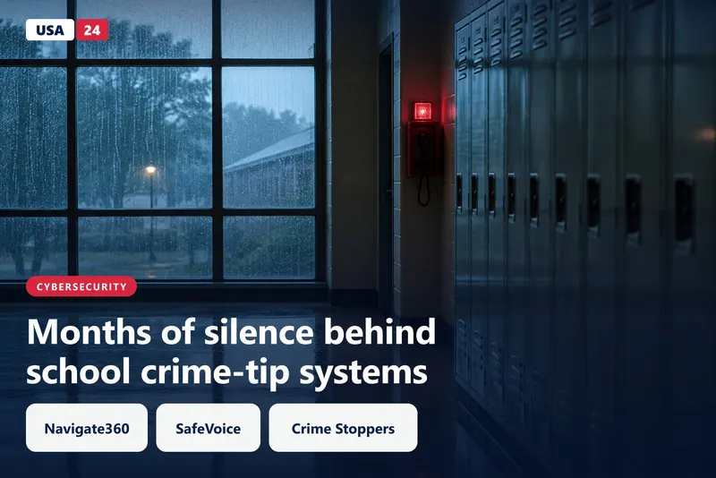 Empty school hallway at dawn with rain on the windows and a wall-mounted emergency call box under a flickering light.