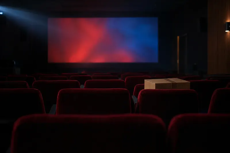 Empty screening room with red velvet seats, a lone cardboard box on one seat, and a glowing blank screen in the dark