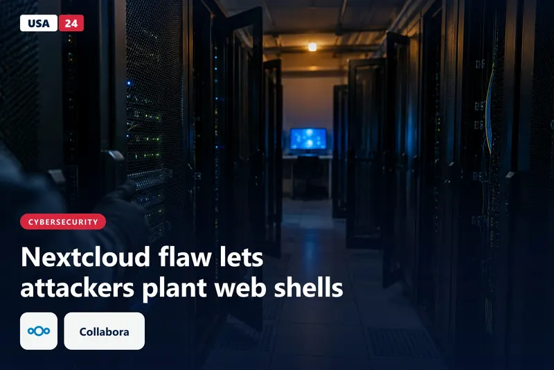 Dim server room corridor with open rack doors and blurred blue monitor glow, a gloved hand resting on a server handle.