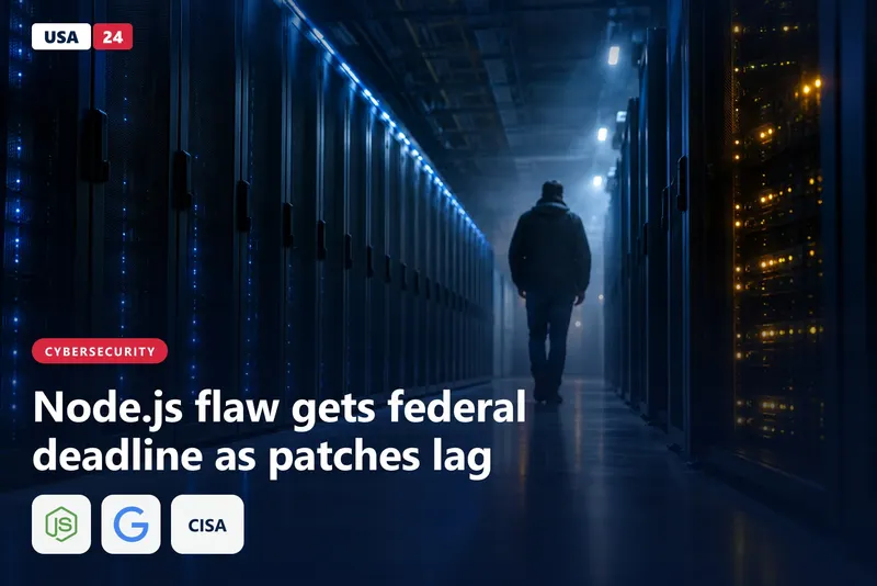 Technician walks down a dim data center aisle between closed server racks lit by blue LEDs, one rack glowing amber.