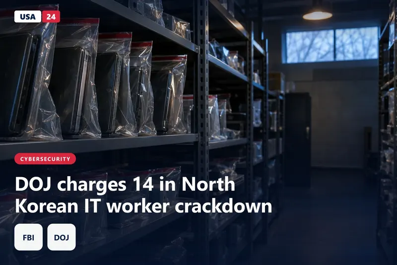 Sealed evidence bags of laptops and hardware boxes on steel shelves in a dim federal storage room, lit by warm lamp and cool window light.