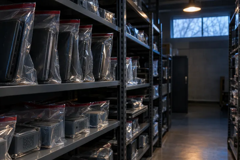 Sealed evidence bags of laptops and hardware boxes on steel shelves in a dim federal storage room, lit by warm lamp and cool window light.