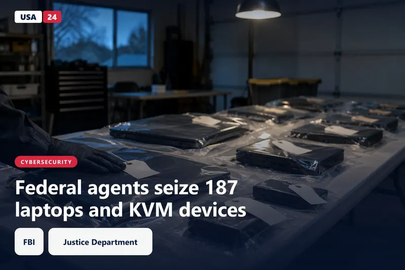 Evidence bags of seized laptops and small black KVM devices stacked on a folding table in a dim garage at dusk.
