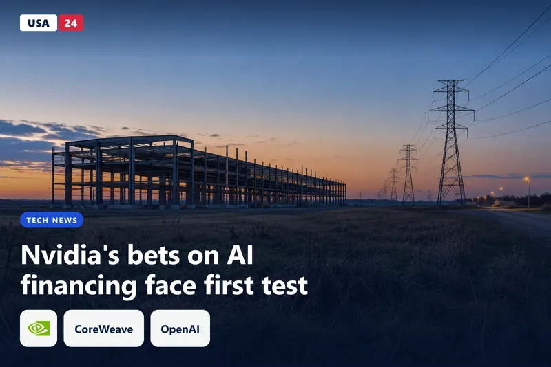 Half-built data center steel frame in a flat field at dusk, with high-voltage transmission towers stretching across the horizon.