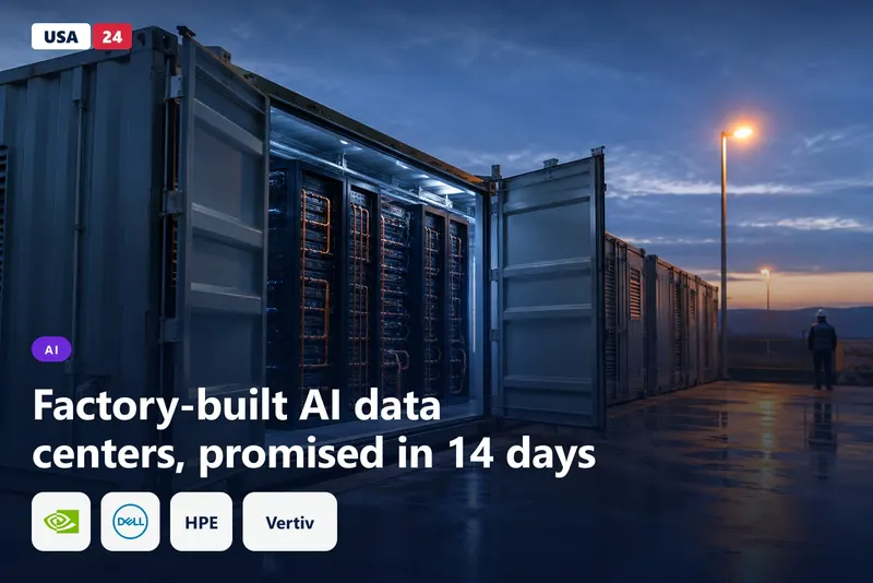 Shipping containers on a concrete pad at dusk, one with open doors showing server racks and coolant pipes in blue light.