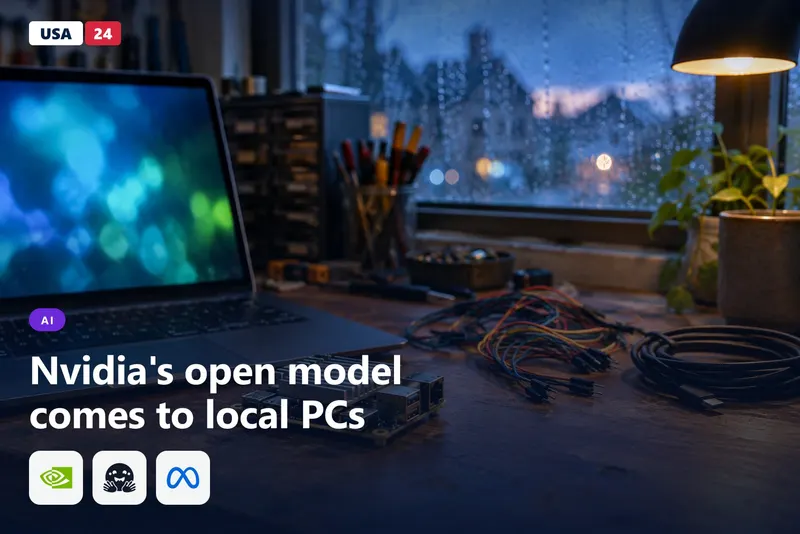 Compact edge computer board and a laptop glowing in a dim workshop at dusk, with rain on the window and soft blue light.
