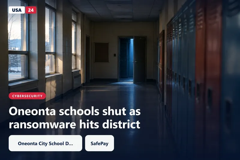 Empty school hallway at dawn with a server closet door ajar and blue light spilling onto the lockers and linoleum floor.