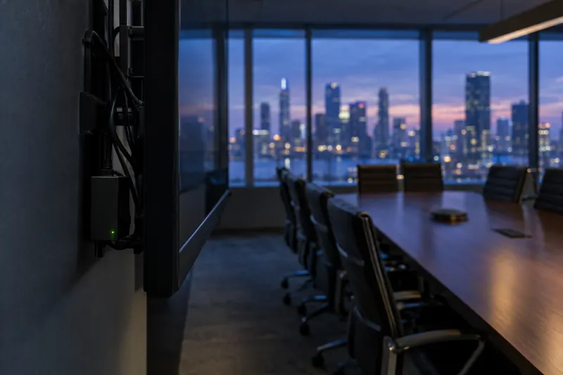 Small black device with a glowing green light hidden behind a wall-mounted TV in an empty, dim executive conference room