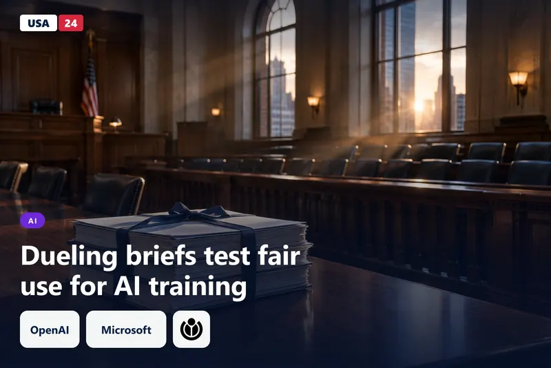 Empty Manhattan courtroom at dusk with a stack of bound legal briefs on an oak table and late light through tall windows.