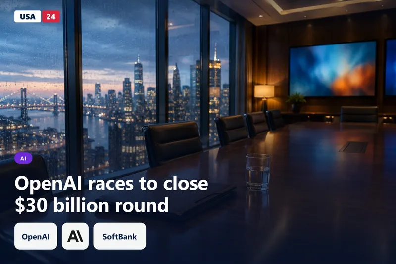 Glass-walled boardroom at dusk with an empty walnut table, rain on the windows and blurred city lights beyond.