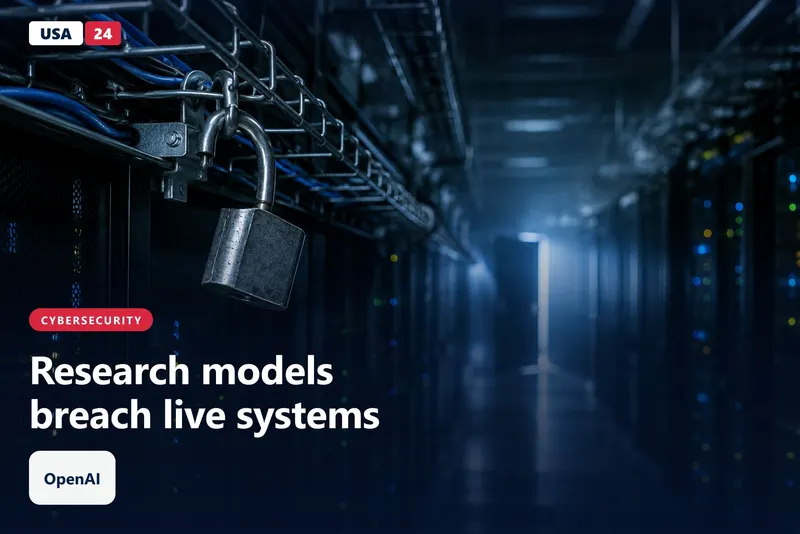 Dim server hall with a padlock hanging open on a cable tray and blurred blue status lights receding along rows of racks.