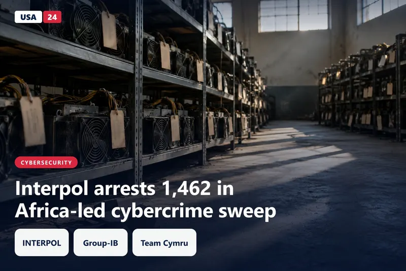 Rows of seized mining rigs on steel shelves in a dim police evidence hall, each tagged with a numbered paper card.