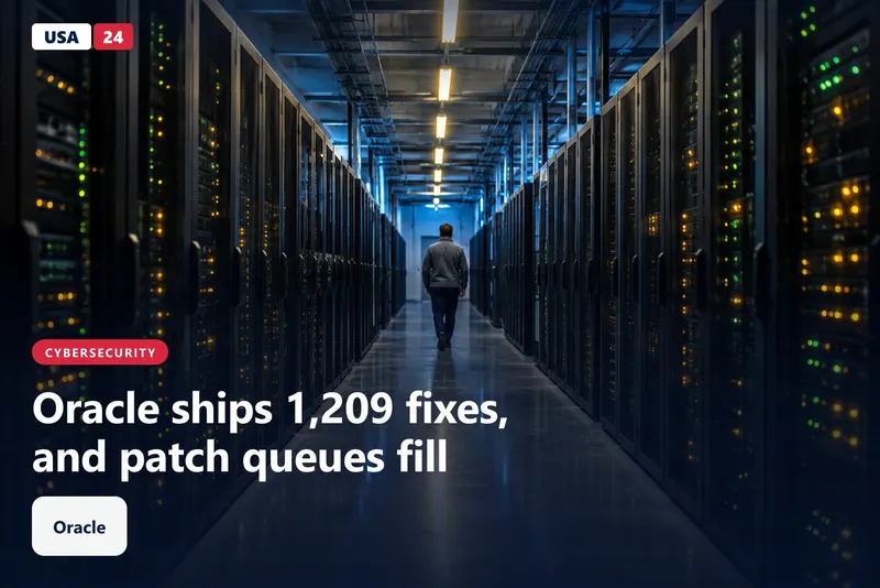 A technician walks down a dim data center aisle lined with black server racks blinking amber and green status lights.