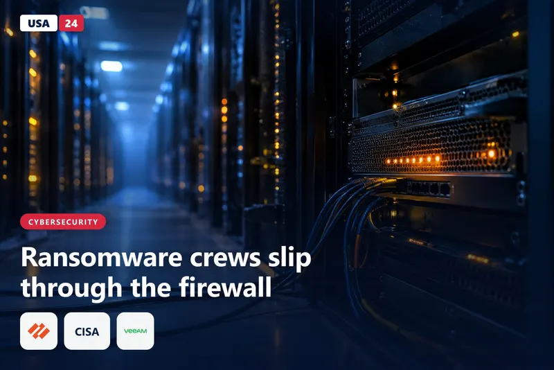 Dim data center aisle with rows of server racks and a firewall appliance with amber status lights in the foreground.